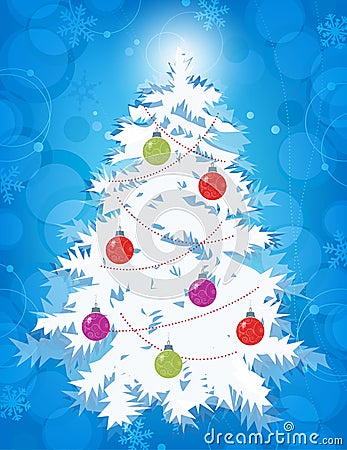 Stylized White Christmas tree with ornaments on blue bokeh background Vector Illustration