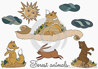 Stylized wild forest animals on a white background. Fox, a hare, a rustic bear Stock Photo