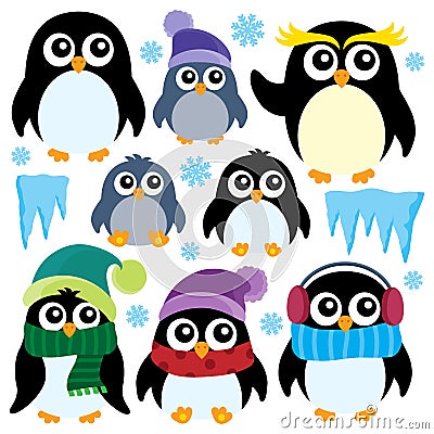 Stylized winter penguins set 1 Vector Illustration