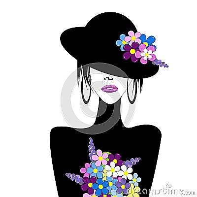 Stylized woman with hat and flowers Vector Illustration