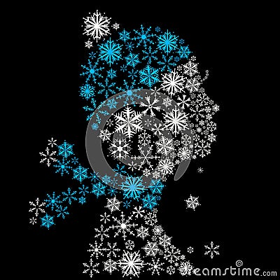 Stylized woman head, snowflakes. Winter season. Vector Illustration