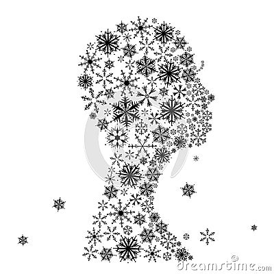 Stylized woman head, snowflakes. Winter season. Vector Illustration