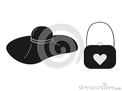 Stylized women Wide-brimmed hat and handbag with heart in trendy black and gray shades. Isolate. EPS Vector Illustration