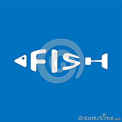 Stylized word in shape of fish isolated on blue. Seafood restraurant logo. Web icon, symbol. Vector Illustration, EPS10. Vector Illustration