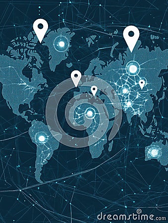 Stylized world map depicting location pins with connecting lines in abstract flat design, representing global Stock Photo