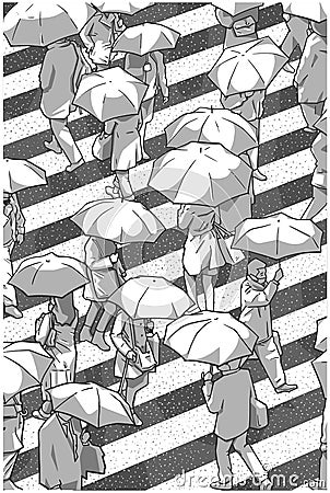 Illustration of city people crossing zebra in snow with umbrellas from high angle view in color Vector Illustration