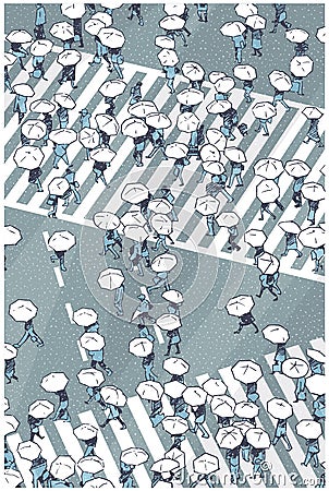 Illustration of city people crossing zebra in snow with umbrellas Stock Photo