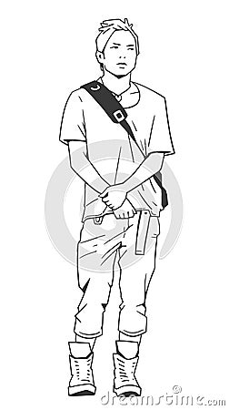 Illustration of young asian male standing in casual street wear in black and white Stock Photo