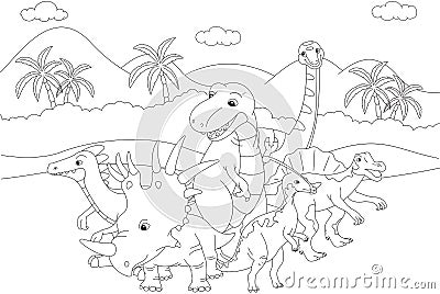 Styracosaurus, spinosaurus, tyrannosaur, stegosaurus and parasaurolophus. Coloring book Vector Illustration