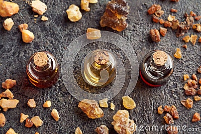 Styrax benzoin, frankincense and myrrh essential oil with benzoin, frankincense and myrrh resin Stock Photo