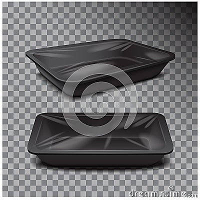 Styrofoam food storage. Black food plastic tray, dark foam meal container on transparent background Vector Illustration