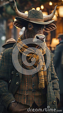 Suave bull roams the city streets in tailored elegance, epitomizing street style Stock Photo