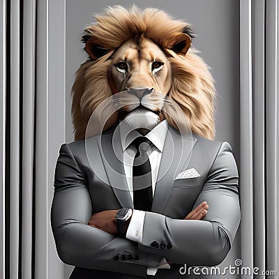 A suave lion in a tailored suit, posing for a portrait with a regal and commanding presence3 Stock Photo