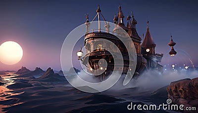 sub boat on the water, submarine at night steampunk ai created Stock Photo