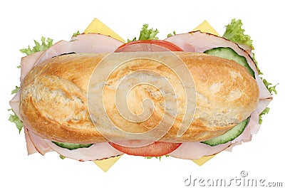 Sub deli sandwich baguette with ham top view isolated Stock Photo