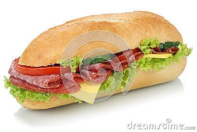 Sub deli sandwich baguette with salami isolated Stock Photo