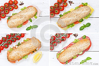 Sub sandwiches collage whole grain with ham cheese salami fish f Stock Photo