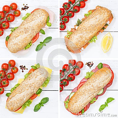 Sub sandwiches collage whole grain with ham cheese salami fish s Stock Photo