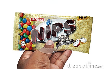 Subang Jaya, a cookies and creme with cookies bites chocolate packet brand JACK 'N JILL NIPS on white background. Editorial Stock Photo