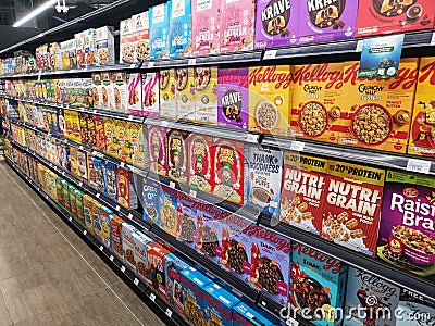 Subang Jaya, Malaysia - 28 March 2021 : Line or row a Healthy Breakfast Products food display for sell in the supermarket Editorial Stock Photo