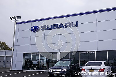 Subaru logo on a New Jersey car dealership. Subaru was the twenty-first largest automaker in 2017 Editorial Stock Photo