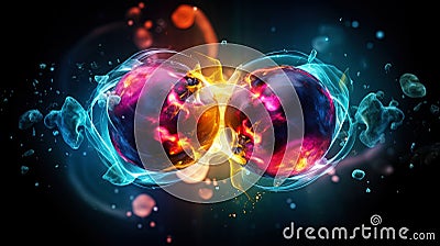 Subatomic proton particle collision. Nuclear fusion concept. Generative AI Stock Photo