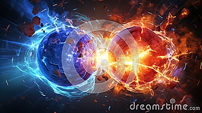Subatomic proton particle collision. Nuclear fusion concept. Generative AI Stock Photo