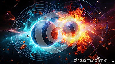 Subatomic proton particle collision. Nuclear fusion concept. Generative AI Stock Photo