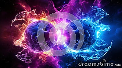 Subatomic proton particle collision. Nuclear fusion concept. Generative AI Stock Photo