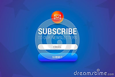 Subcribe form with name and email input fields and submit button. Vector Illustration