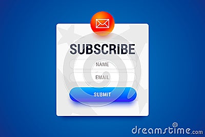 Subcribe form with name and email input fields and submit button. Vector Illustration