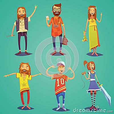 Subculture Hipster People Cartoon Figures Set Vector Illustration