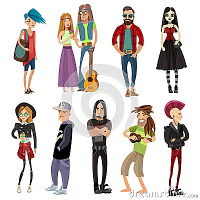 Subcultures People Set In Cartoon Style Vector Illustration