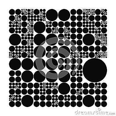 Subdivided circle grid system. Randomly sized spheres with fixed space between. Futuristic dot layout. Conceptual Vector Illustration