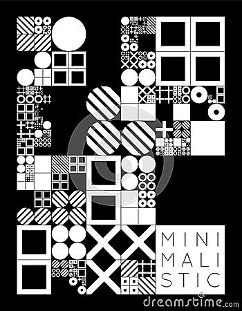Subdivided grid system with symbols. Randomly sized objects with fixed space between. Futuristic minimalistic monochrome Vector Illustration