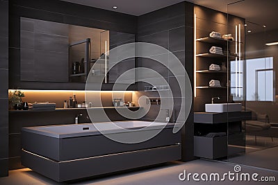 Subdued Sophistication Elegant Gray Bathroom Ambiance Stock Photo