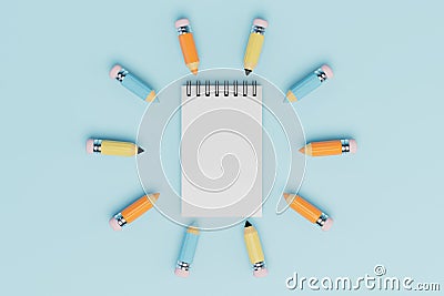 subjects required for learning. colored pencils around a notebook on a blue background. 3d render Stock Photo
