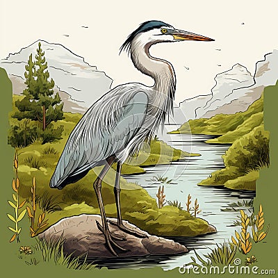 Sublime Wilderness: Heron's Illustration On The River Bank Cartoon Illustration