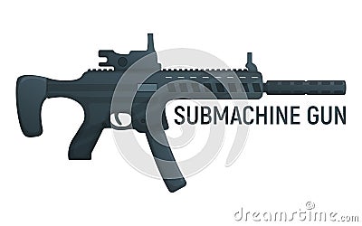 Submachine military gun with silencer, icon self defence automatic weapon concept cartoon vector illustration, isolated on white. Vector Illustration