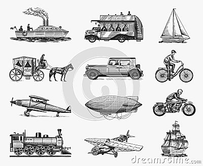 Submarine, boat and car, motorbike, Horse-drawn carriage. Airship or dirigible, air balloon, airplanes corncob Vector Illustration