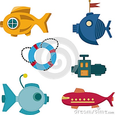 Submarine elements and decoration set vector image Vector Illustration