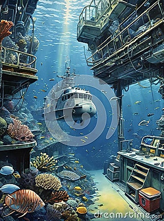 Submarine exploring submerged underwater vessel sunken ship Stock Photo