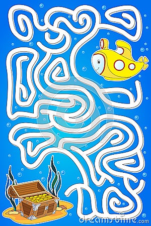 Submarine must pass through a maze and find treasure chest Vector Illustration