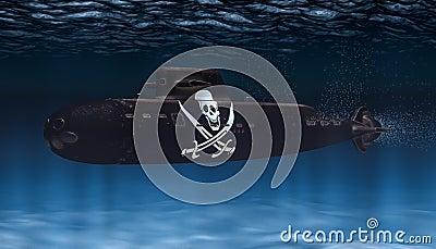 Submarine with piracy flag, 3D rendering Stock Photo