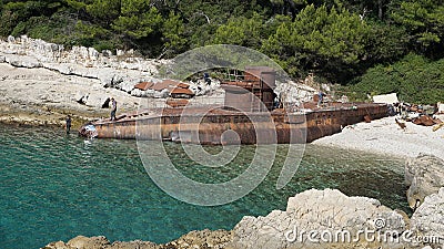 Submarine repair on Croatian beach Editorial Stock Photo