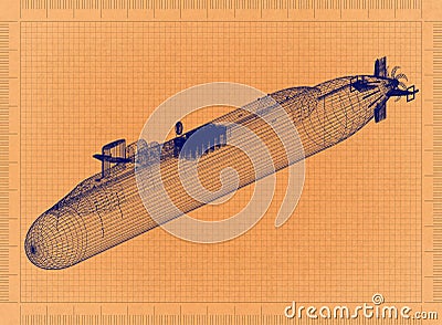 Submarine - Retro Blueprint Stock Photo