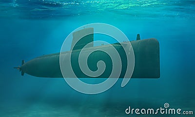 Submarine submerge deep underwater near to ocean floor Stock Photo