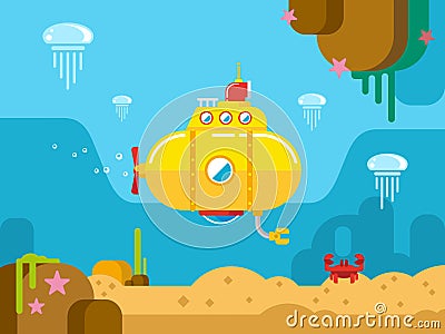 Submarine Under Water Flat Illustration Vector Illustration
