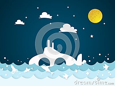 Submarine underwater and sky. Vector illustration of ocean boat Vector Illustration