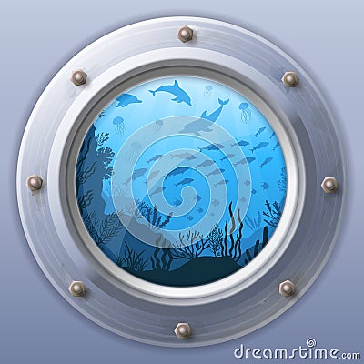 Submarine window view. Porthole round from underwater Vector Illustration